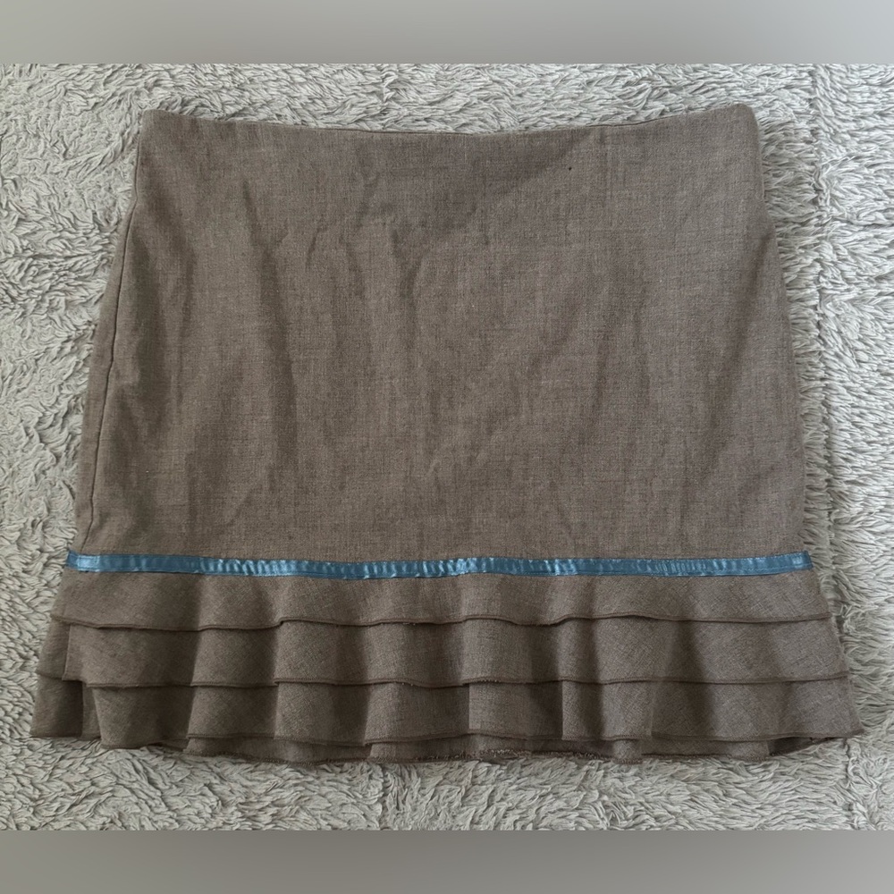 Tiered Ruffled Skirt Brown Multi Base  w/ Blue Ribbon Trim | Size: 11